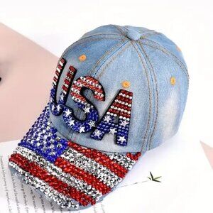 USA Rinestone Denim Ladies or Teens Hat / Cap Beautiful Designed Patrotic "NEW"